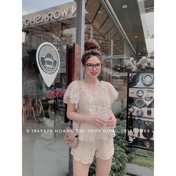 43-Set bộ đồ ren tiểu thư tay bồng kiểu peplum hàng QC
