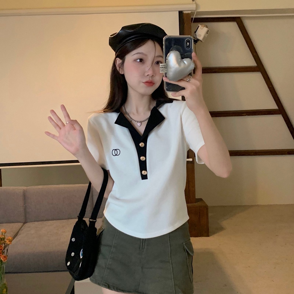 Áo thun polo dệt kim ZHELIHANGFEI tay ngắn dáng ôm dễ phối đồ thời trang cho nữ