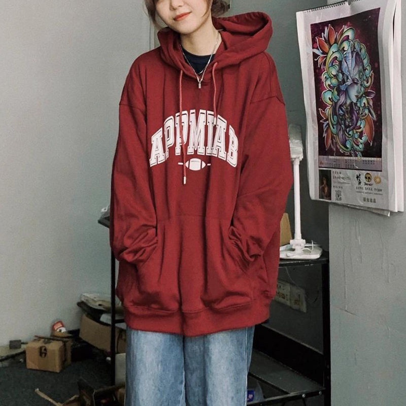 Áo Hoodie Mỏng Dáng Rộng Màu Đỏ Rượu Thời Trang Cho Nữ