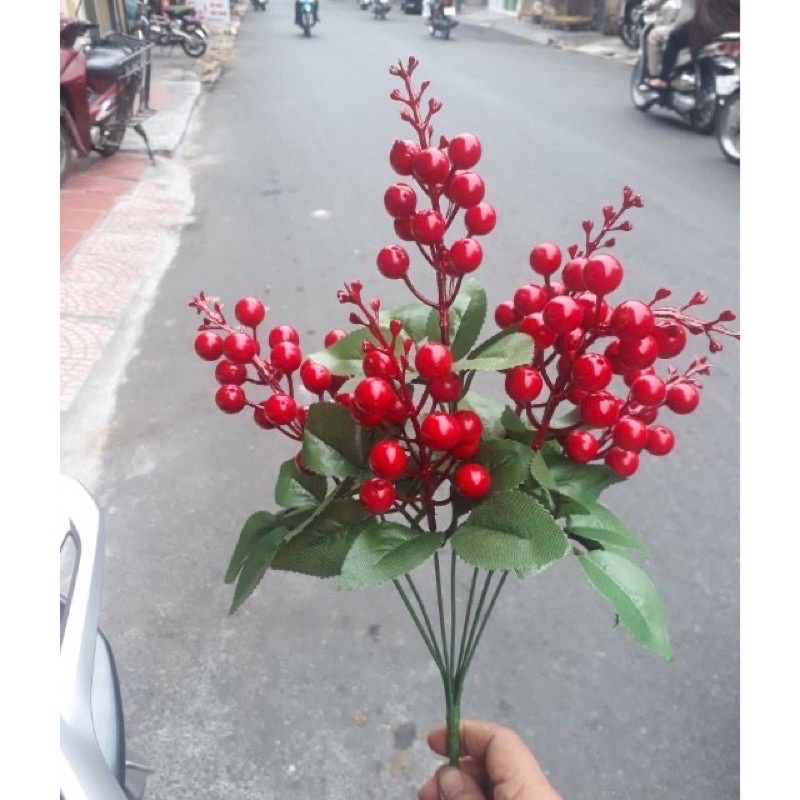 Cành chery 7 nhánh, điểm hoa, trang trí siêu xinh