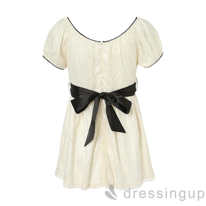 Đầm chữ A tay ngắn phối ren phong cách vintage thời trang cho nữ