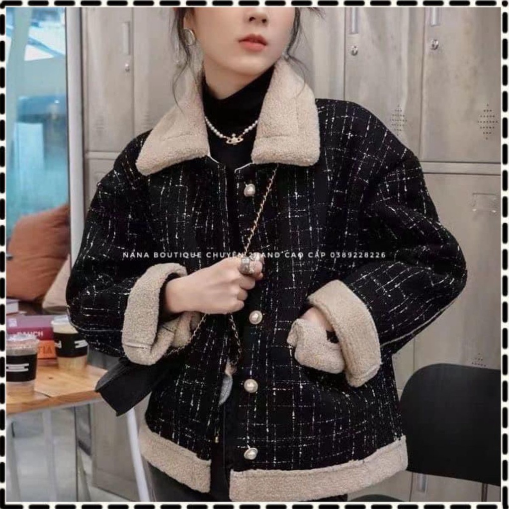 Áo dạ tweed Quảng Châu phối lông mướt túi nổi viền siêu xinh Hoai Thu