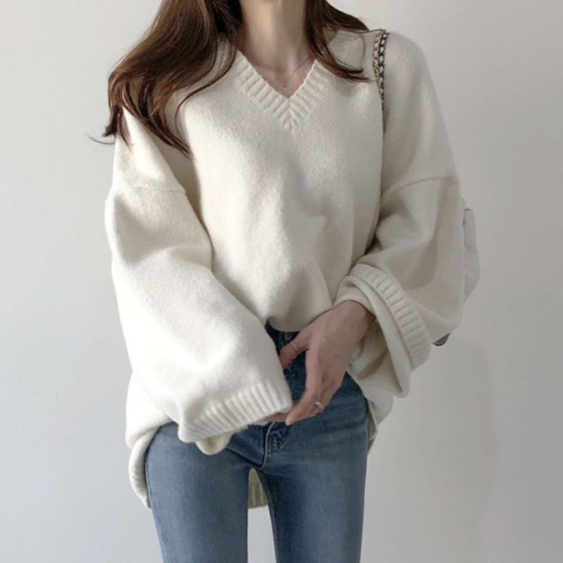 Áo sweater RENJIANVSHENG tay dài cổ chữ V dáng rộng phong cách vintage trẻ trung thời trang