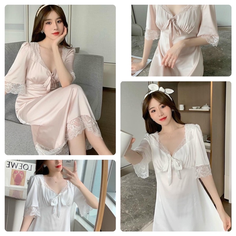 Váy ngủ lụa satin kiểu tiểu thư ( Hồng da)