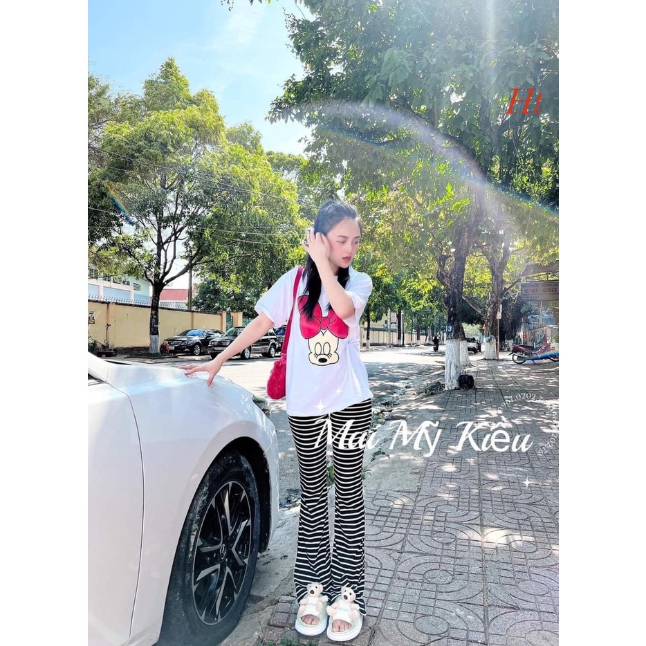 Sét bộ áo Chuột nơ + quần kẻ bo chất liệu cotton Su mềm mịn (HT)