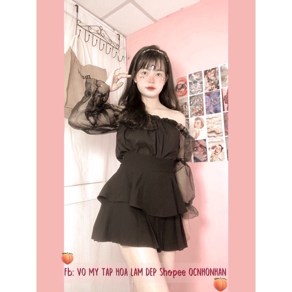Set áo bẹt vai tay voan phối chân váy tầng xoè