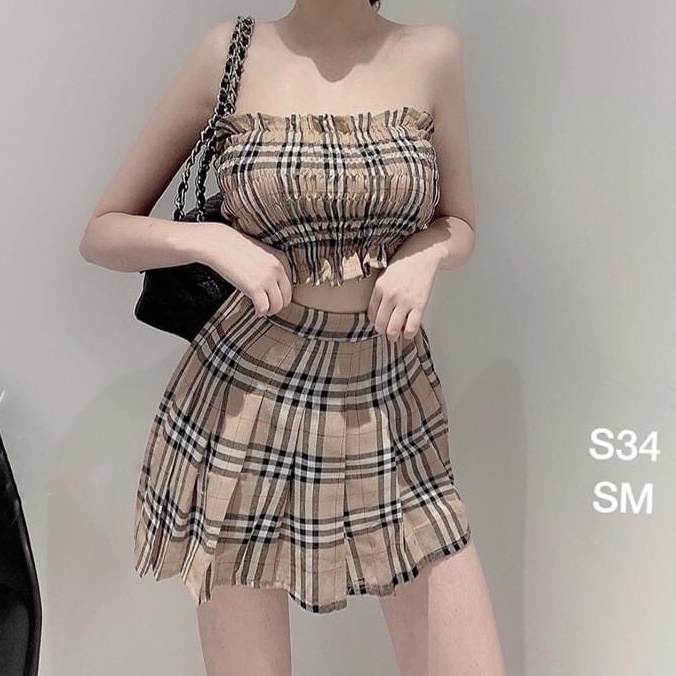 set bộ áo ống nhúm chân váy ngắn họa tiết carro b b r sang chảnh siêu hot hit cực hỉ
