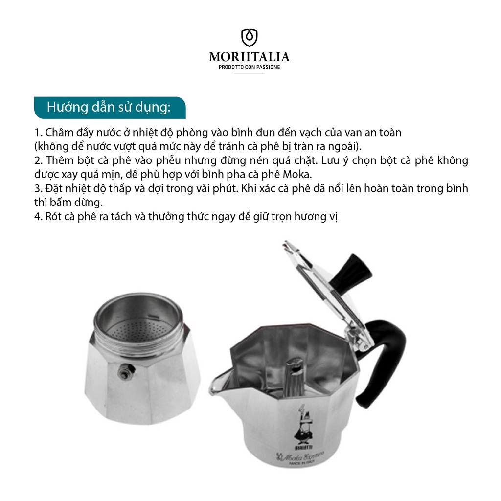 Bình pha cà phê Bialetti chính hãng 100% xuất xứ Ý, Moka 3 cup, chất liệu nhôm cao cấp Moriitalia 990001162