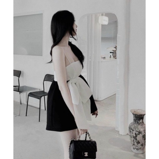 Set xốp 2 dây phối trắng đen nơ eo