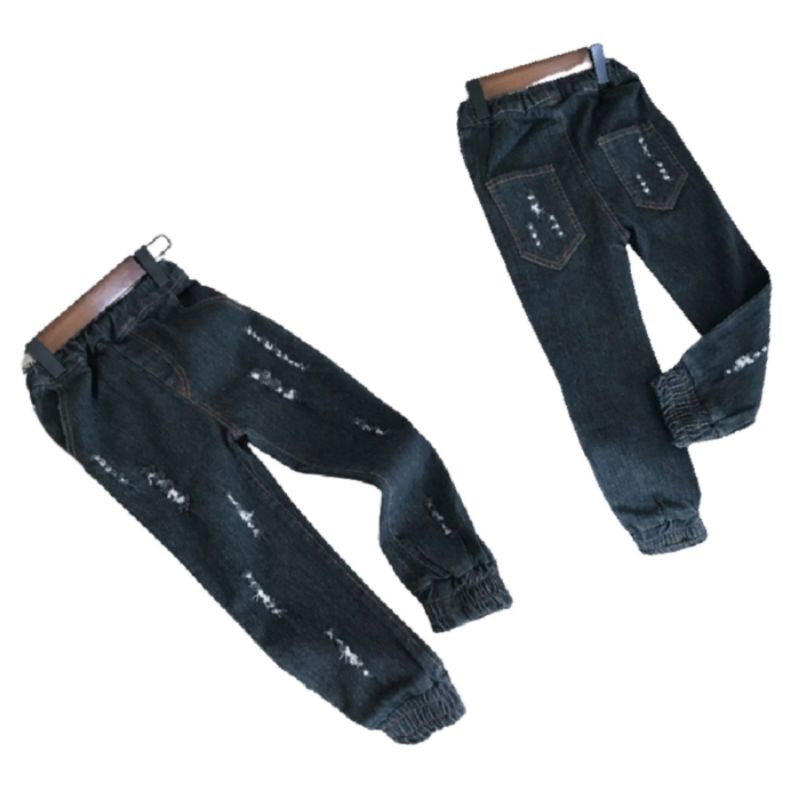 Quần jeans dài bé trai bé gái cào xước chun ống thời trang