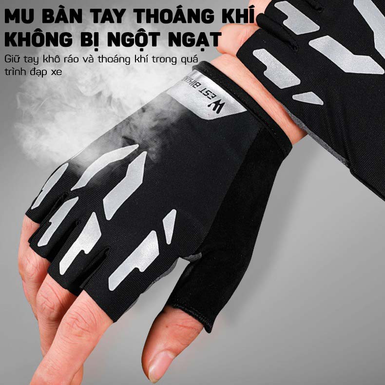 Găng Tay Xe Đạp Thể Thao Phản Quang Chống Trượt Giảm Xốc Nửa Ngón Tay WEST BIKING