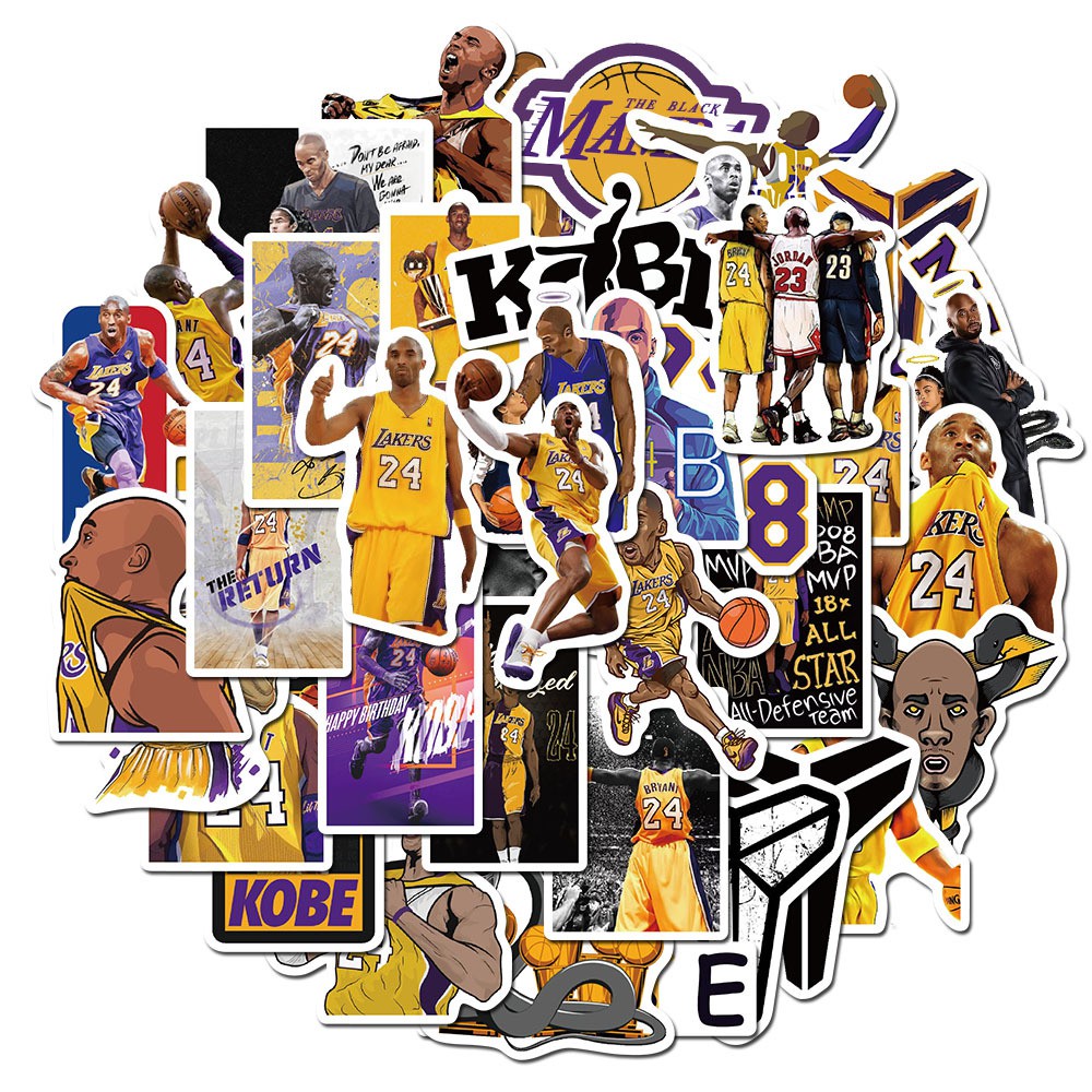 Sticker NBA Bóng Rổ, Bóng Đá Set 50  Hình Kobe Bryant Decal Dán Điện Thoại Laptop Sổ Xe Tường Mũ Bảo Hiểm Bình Nước