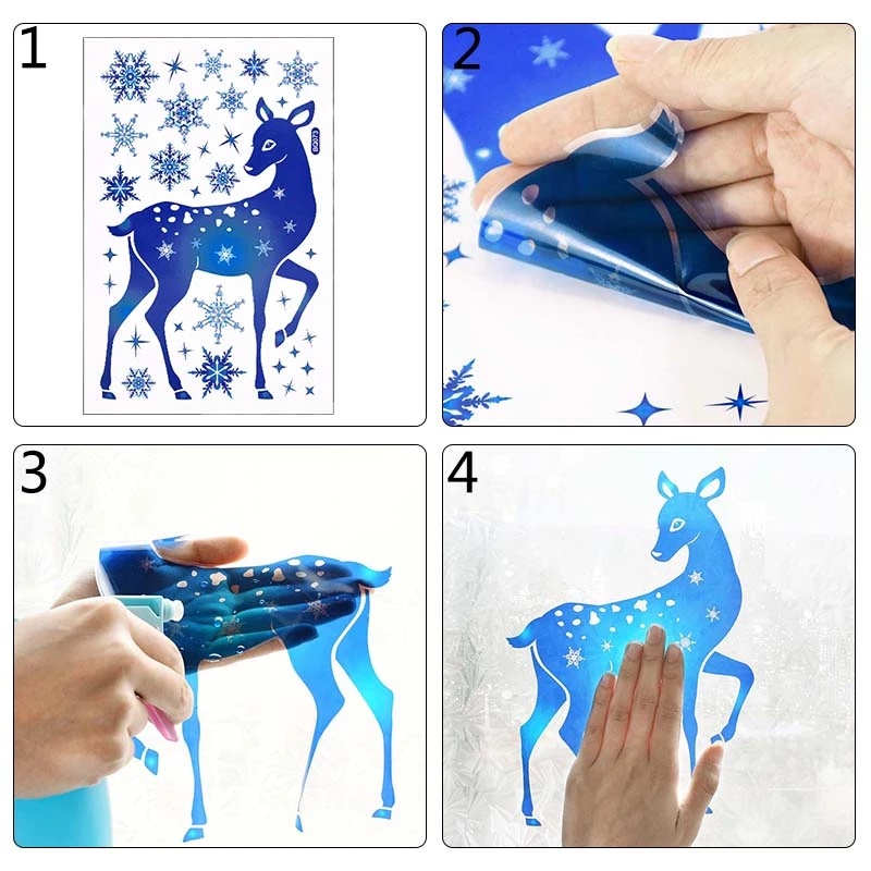 Miếng dán cửa sổ PVC hình bông tuyết và tuần lộc màu xanh dương trang trí nội thất/ tiệc Giáng Sinh năm mới
