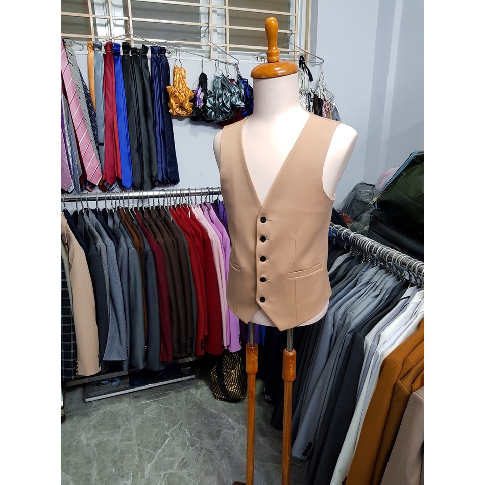 Áo gile nam ôm body màu kem vàng tặng nơ