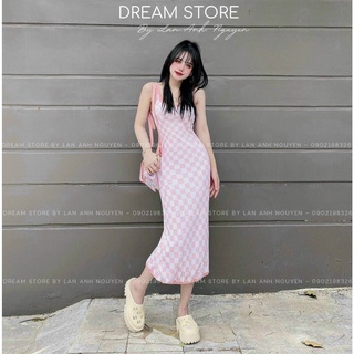Đầm 2 dây ôm body đuôi váy xòe nhẹ dáng dài họa tiết sọc caro chất thun gân