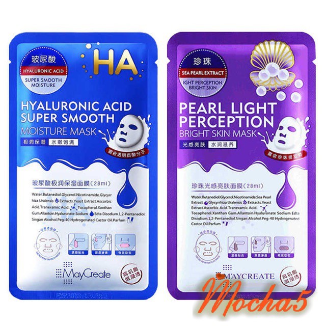 Miếng mặt nạ HA mask Maycreate cấp ẩm dưỡng trắng da XANH và TÍM 28ml.