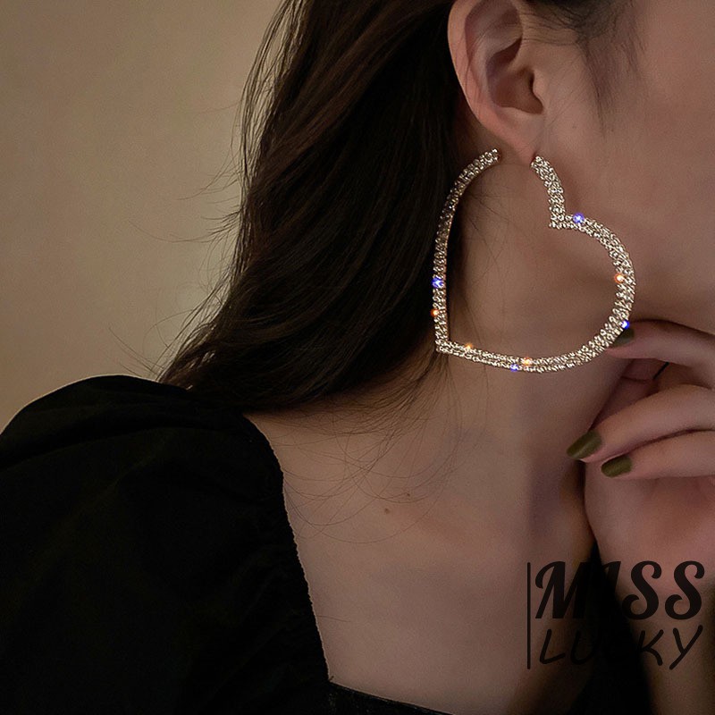 Khuyên tai hình trái tim khảm đá nhân tạo to bản sành điệu cho nữ