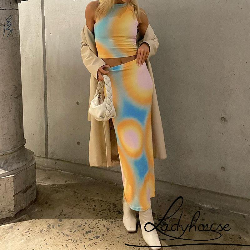 Bộ Trang Phục 2 Mảnh Gồm Áo Croptop Hai Dây Và Chân Váy Maxi Xẻ Tà Thời Trang Xu Hướng Cho Nữ Y2k