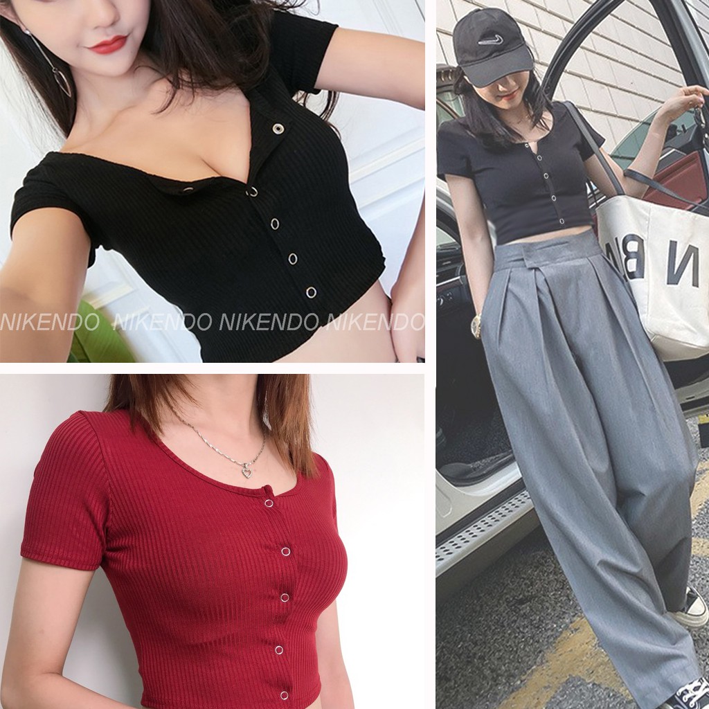 Áo Croptop Nữ  Ôm Body Tay Ngắn 5 Khuy Bấm Chất Cotton Tăm Siêu Co Giãn ( Video tự quay)