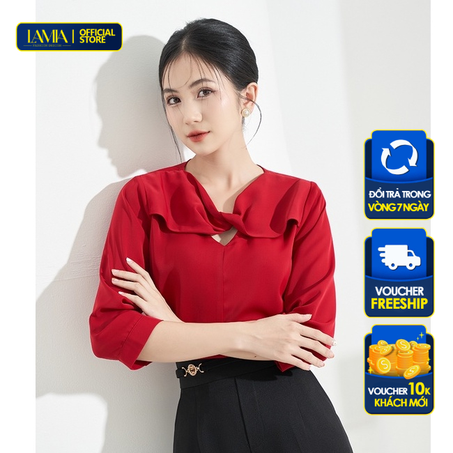 Áo sơ mi nữ thiết kế Lamia Design LA292 màu đỏ đô phối nơ xoắn điệu đà