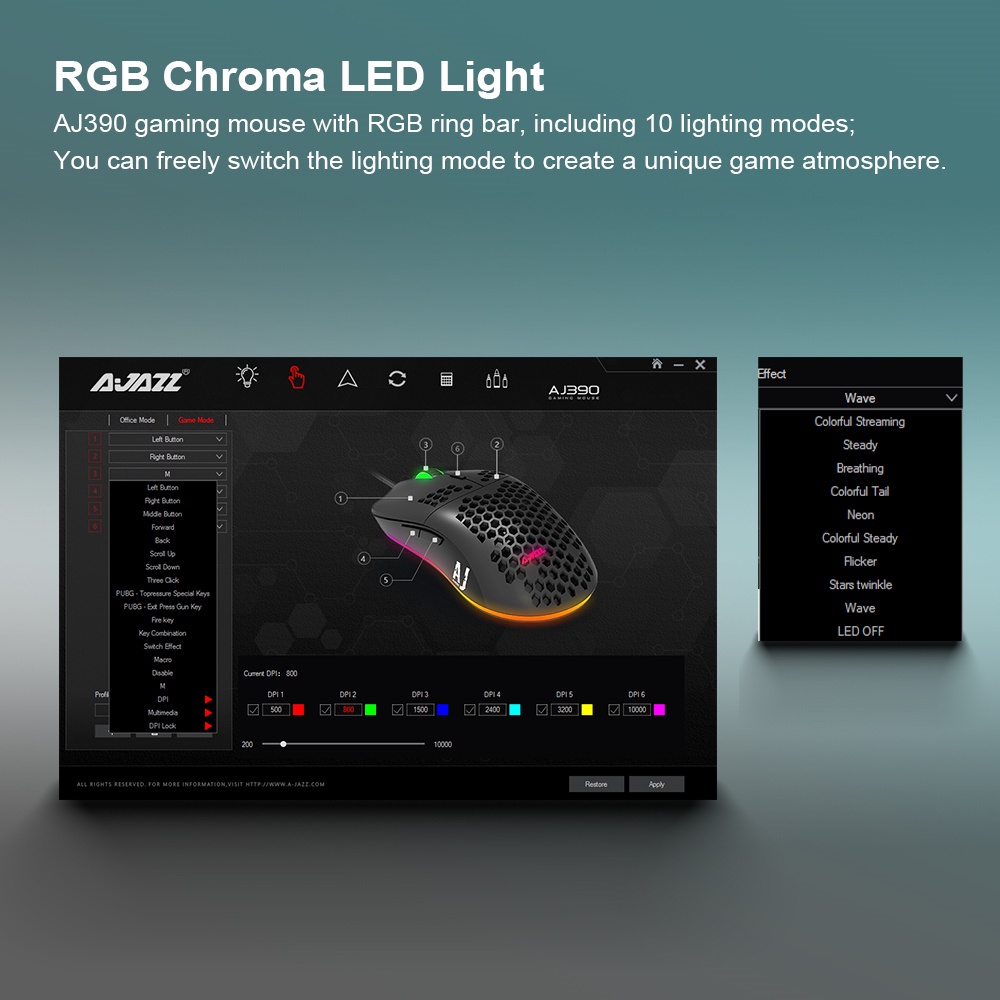 Ajazz AJ390 / AJ390R Chuột chơi game có dây USB 6 nút Chuột nhẹ 16000DPI RGB có thể lập trình cho máy tính xách tay chơi game máy tính xách tay