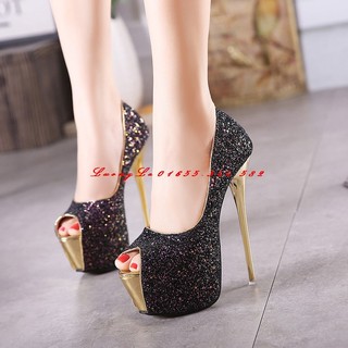 Giày cao gót nhũ hở mũi 16cm gót vàng ms c50