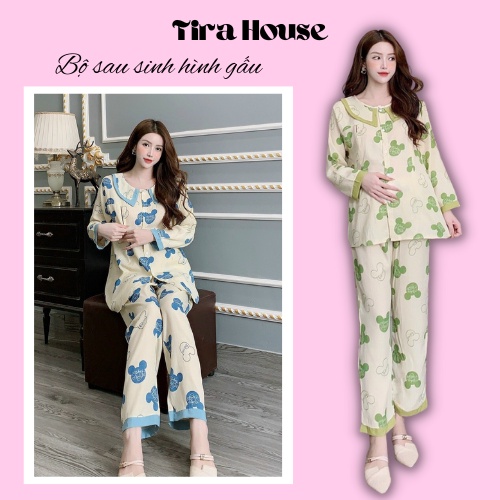 Bộ quần áo sau sinh cổ sen nhọn 3 màu dễ thương, set đồ phối viền màu khóa áo trước ngực BSS79 - Tirahouse