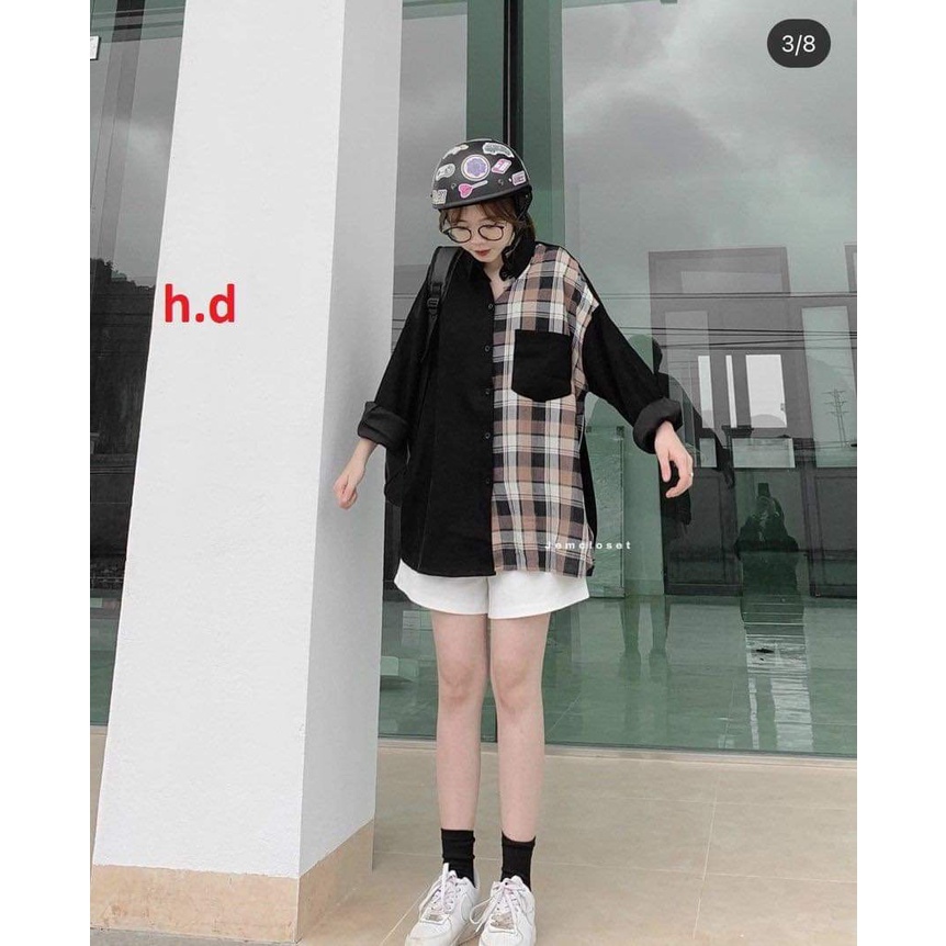 Áo sơ mi form rộng - Phối kẻ caro Unisex, Áo smi Tay lỡ có cổ trẻ trung năng động