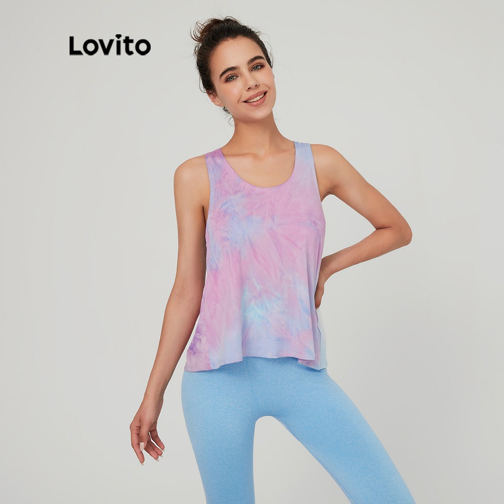 Áo thể thao Lovito lưng bắt chéo cổ chữ U nhuộm màu loang tie dye L03065 (màu tím)