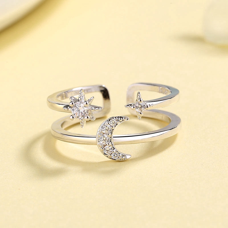 Nhẫn bạc hình ngôi sao/ mặt trăng đính đá Zircon thời trang