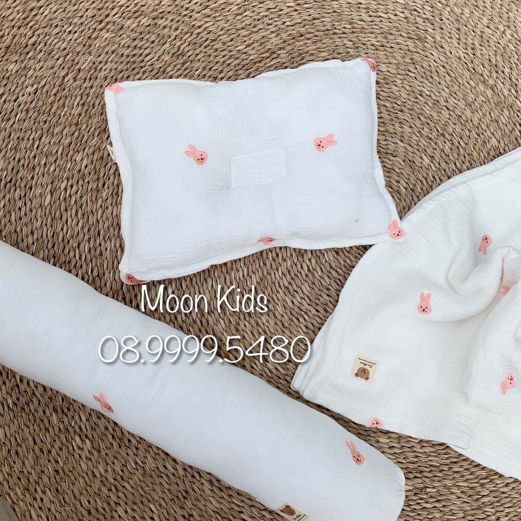 Set chăn - gối đầu - gối ôm xô muslin thêu hoạ tiết siêu mềm cho bé