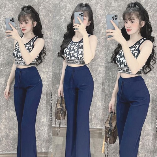 Đồ bộ nữ, đồ bộ quần ống loe đai cao thun cotton gân borip và áo ba lổ croptop vải xịn, đồ bộ mặc nhà nữ, đồ bộ kiểu