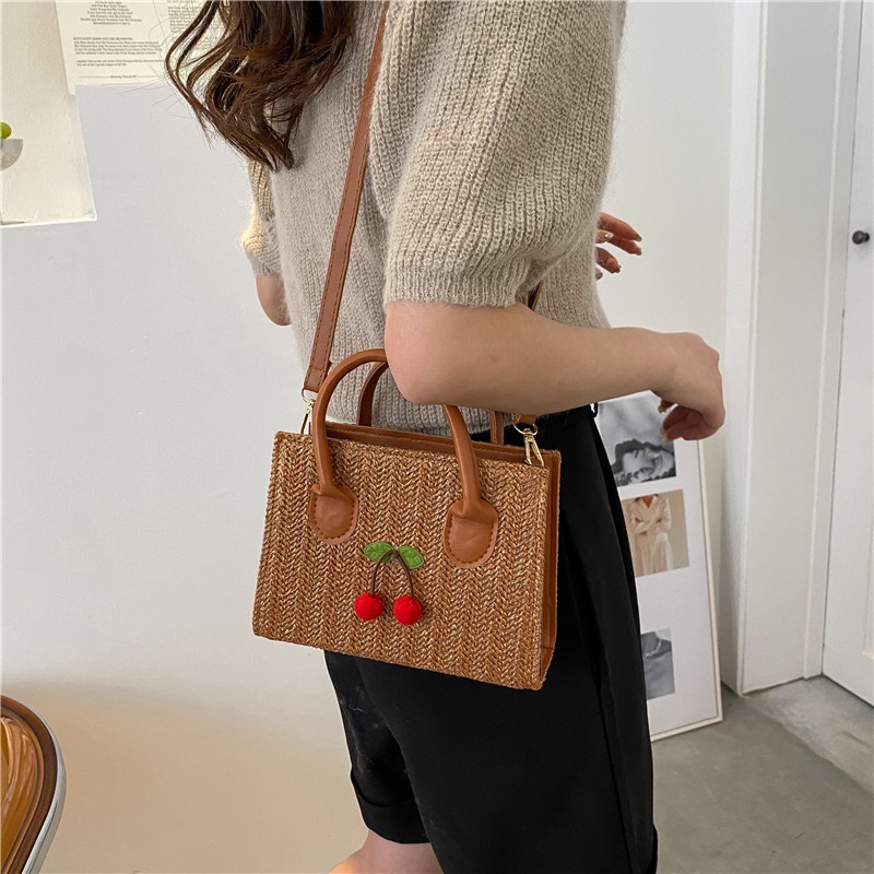 Túi Xách JASMIN NOIR Nữ Đan Rơm Đính Quả Cherry Dễ Thương
