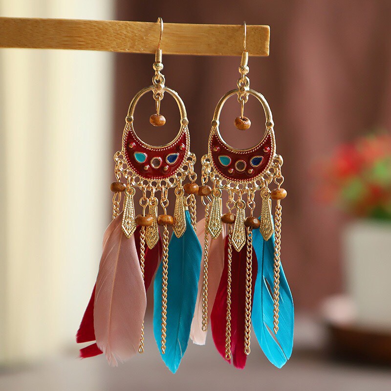 Khuyên tai lông vũ dài hoa tai boho nữ thời trang phong cách cổ điển dân tộc - Mã HT054