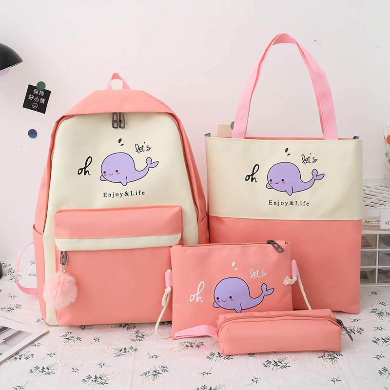 Balo 4 Món Ulzzang học sinh sinh viên laptop giá rẻ cấp 1 2 3 - Set balo 4 món cá voi
