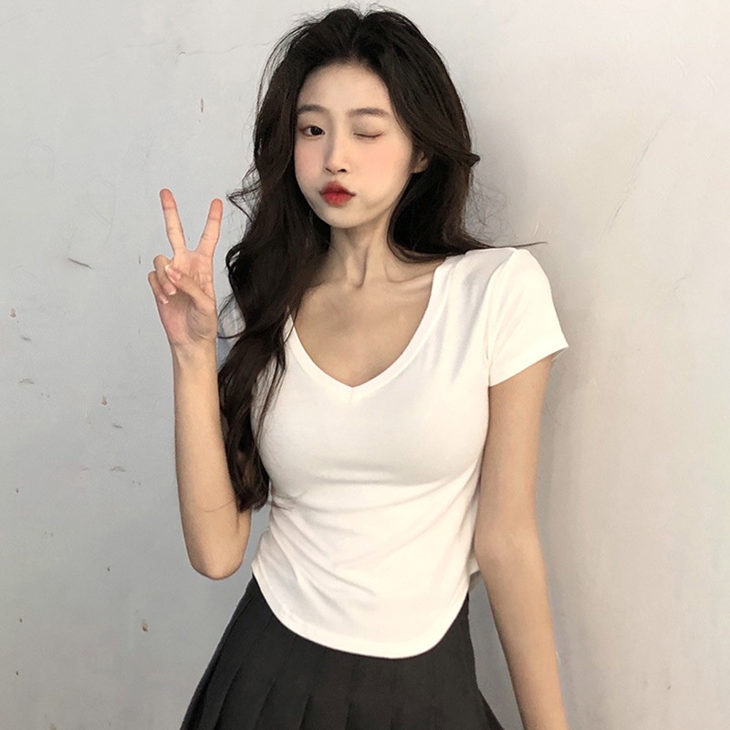 Áo Thun Tay Ngắn Cổ Chữ V Màu Sắc Thanh Lịch