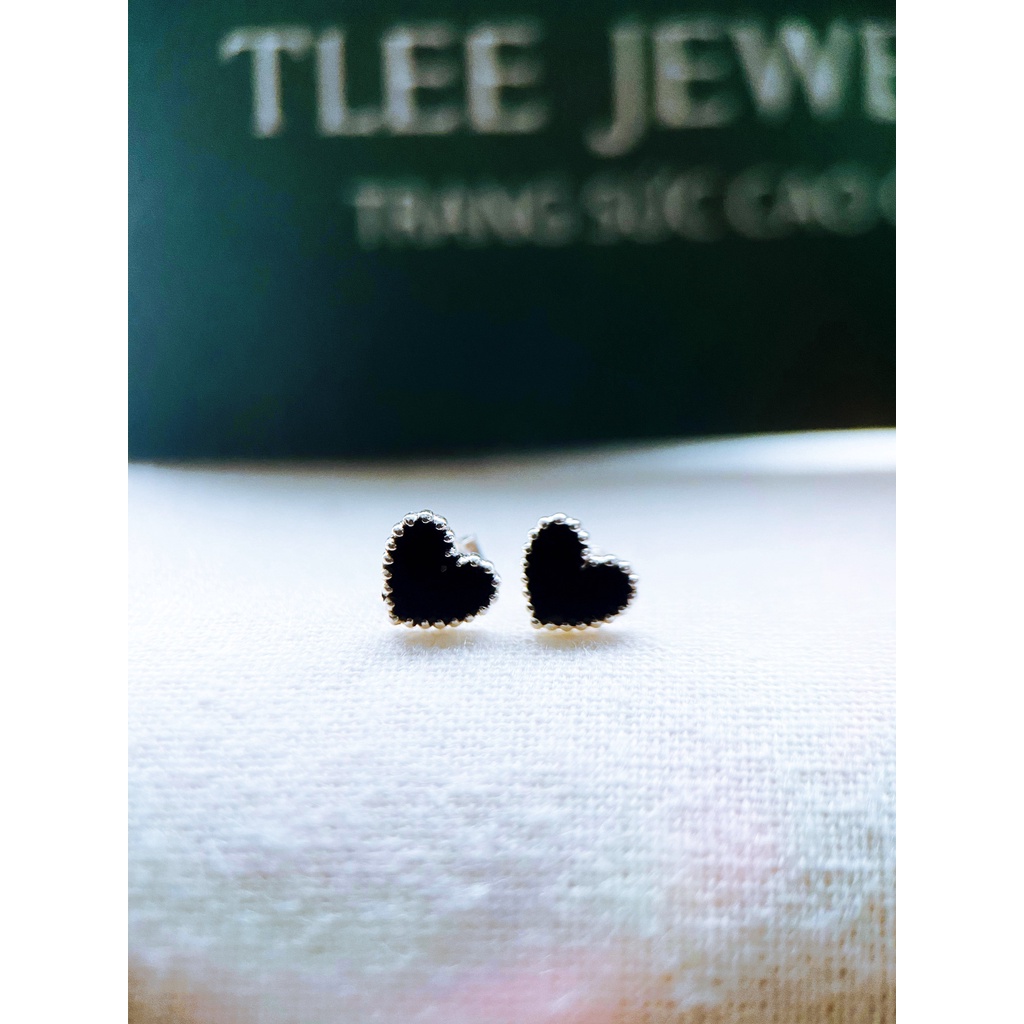 Khuyên tai bạc nữ TLEE hình đá đen viền bo hạt sáng mini TleeJewelry B0292