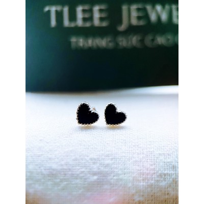 Khuyên tai bạc nữ TLEE hình đá đen viền bo hạt sáng mini TLEE JEWELRY B0292