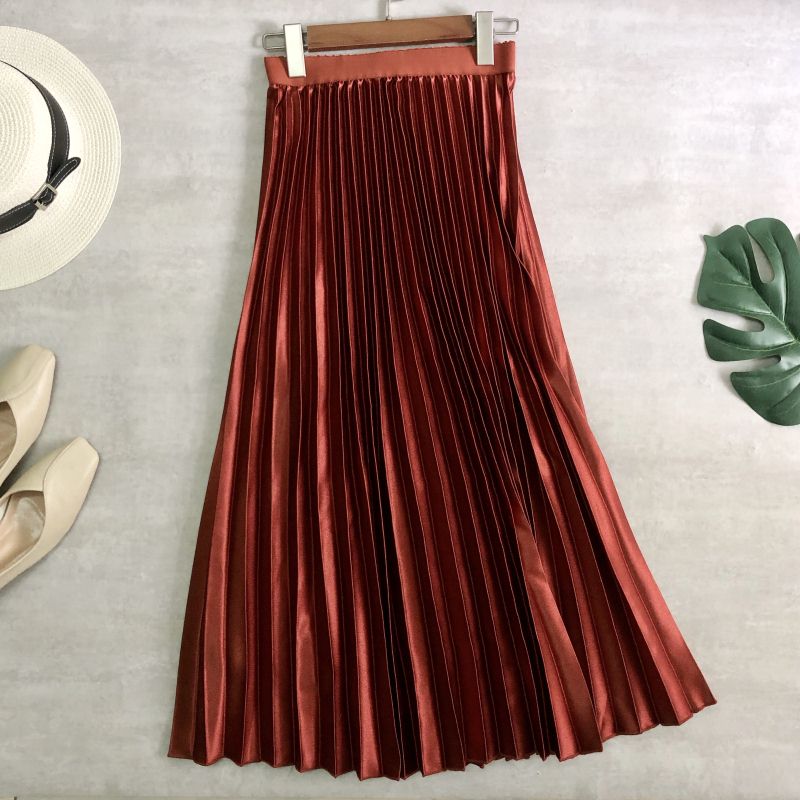 Chân Váy Dài Satin Lưng Cao Xếp Ly 10 Màu Sắc Ánh Kim Phong Cách Hàn Quốc Thời Trang Mùa Xuân Cho Nữ