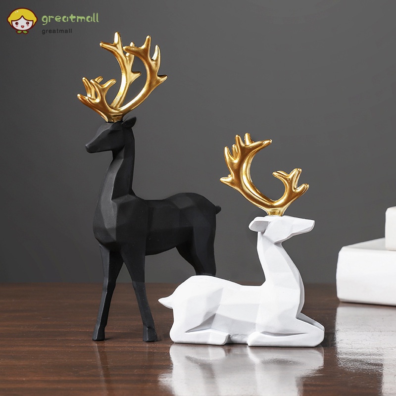 Set 2 tượng hươu trắng và đen bằng nhựa resin trang trí phòng khách