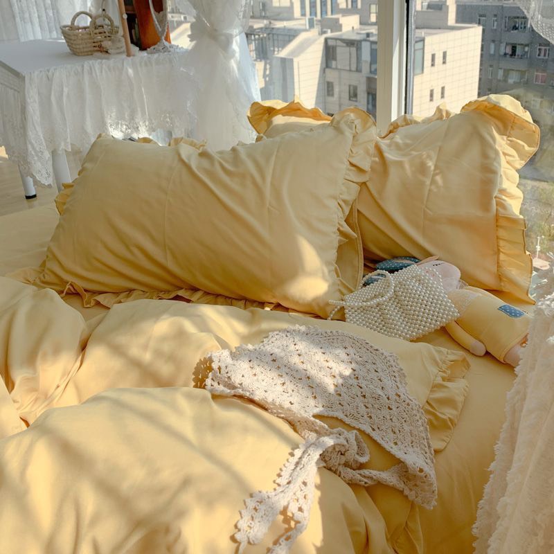 Bộ chăn ga gối Viền bèo đáng yêu cotton tici, drap bánh bèo Hàn quốc - Màu vàng chanh.