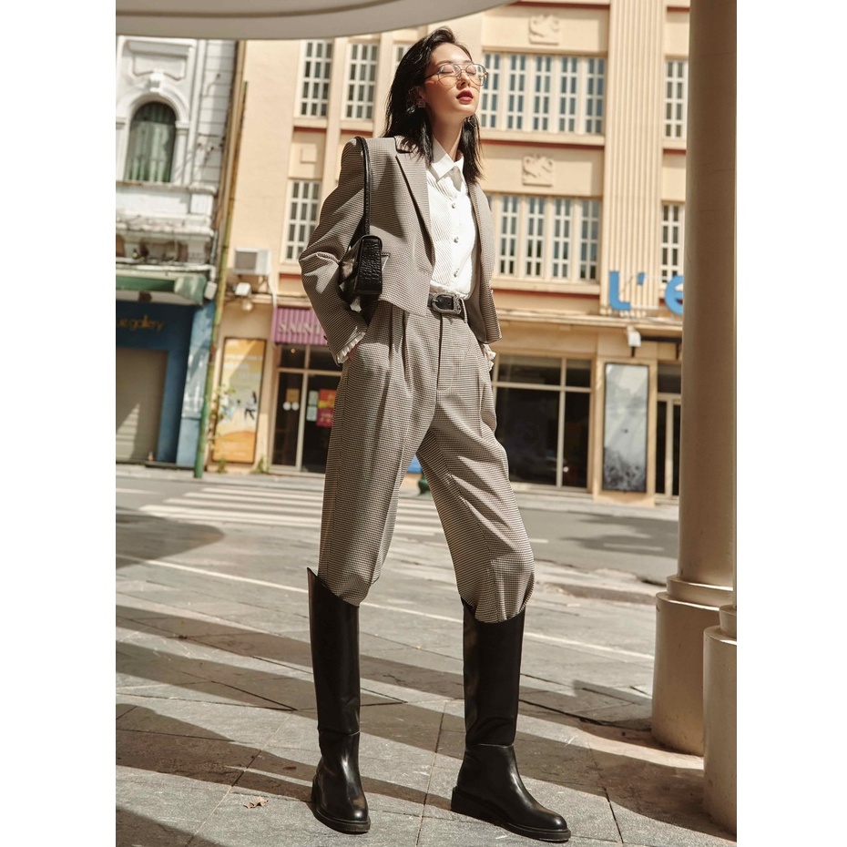 Set áo blazer mini houndstooth nâu trắng và quần baggy HUONG BOUTIQUE HBVEST144