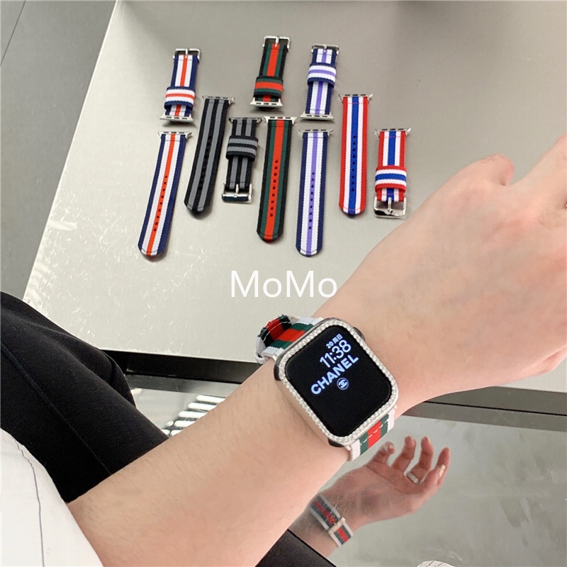 Dây Đeo Bằng Vải Canvas Họa Tiết Sọc Cho Đồng Hồ Thông Minh Smart Watch Series 7 6 SE 5 4 3 2 1 41mm 45mm 40mm 44mm 42mm
