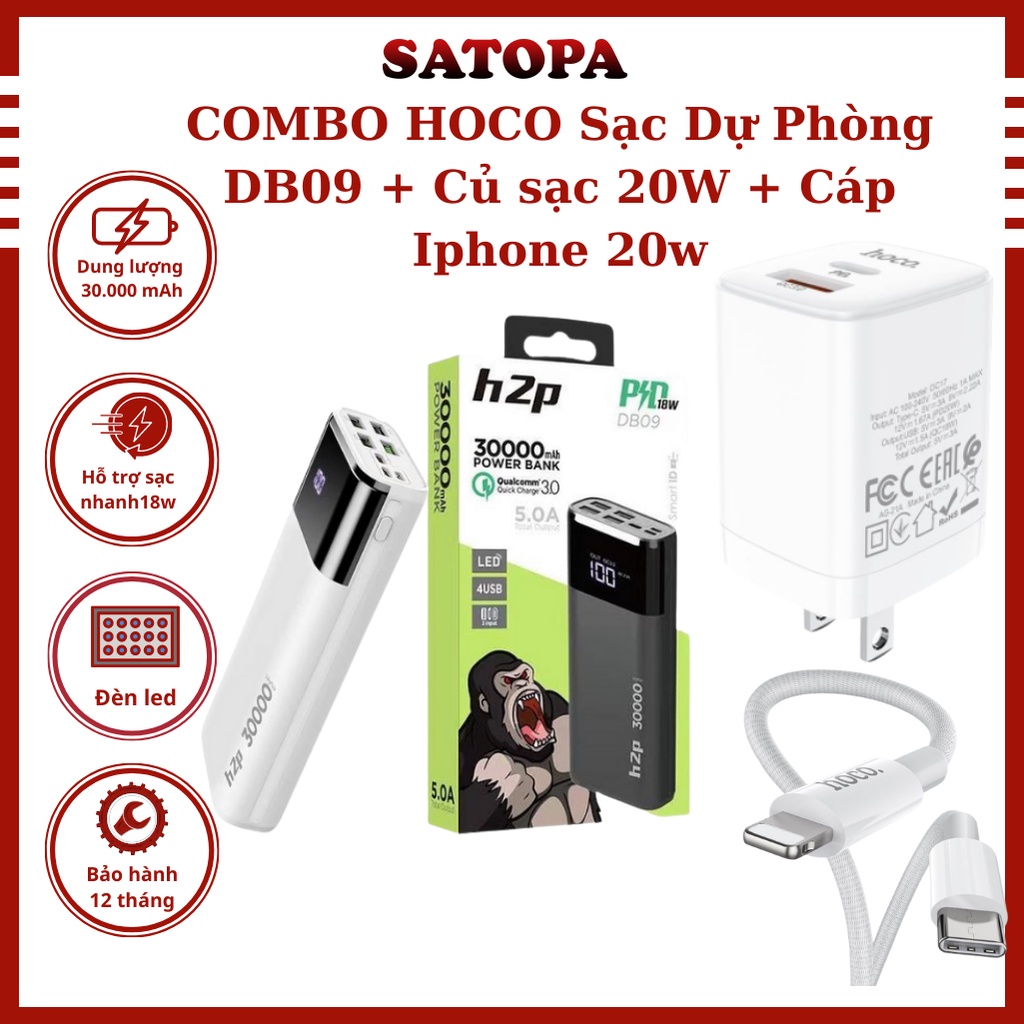 COMBO Củ cáp sạc dự phòng 30000mah Hoco DB09 sạc nhanh 18W QC 3.0 tương thích nhiều thiết bị - SATOPA OFFICIAL