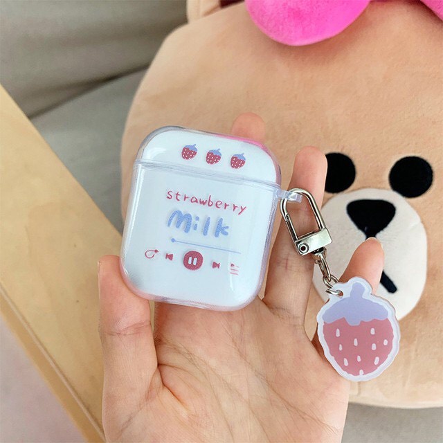 Ốp Bảo Vệ Tai Nghe Case Airpods 1 2 3 Pro Trong Suốt Hình Dâu Âm Nhạc Kèm Móc Khóa Dễ Thương