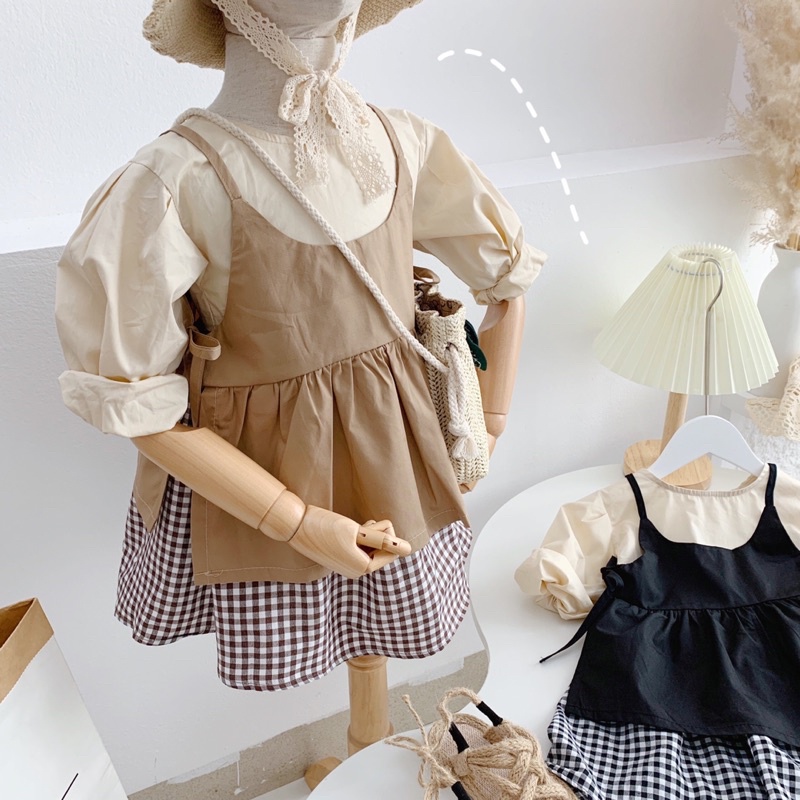 Váy vintage kèm yếm 2 dây 2 màu cho bé gái