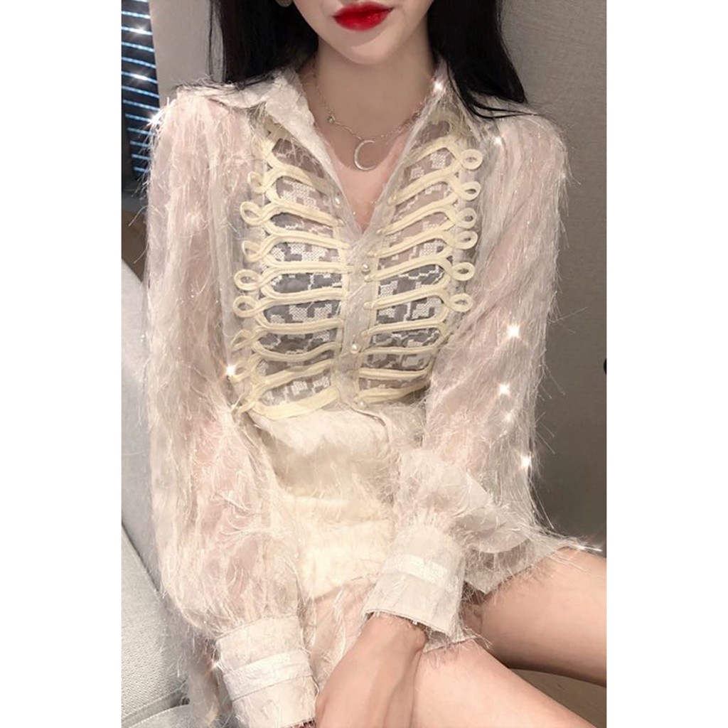 ÁO SƠ MI Kim sa Voan phối LƯỚI tặng kèm  áo bra HOT HIT QUẢNG CHÂU MÃ 869wm