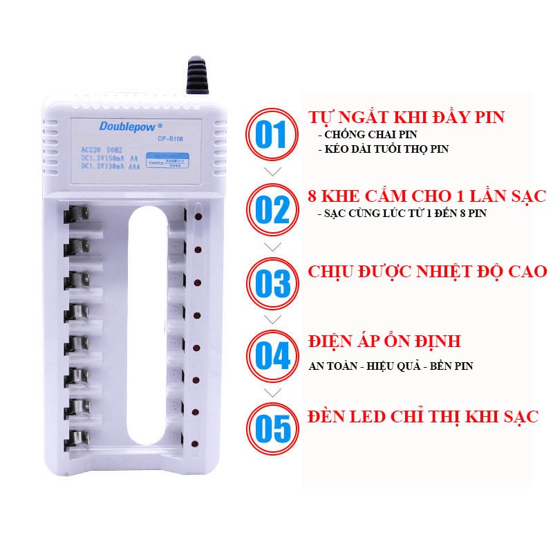 Sạc pin AA, AAA 8 cổng Double Pow DP - B108 + Kèm 8 pin tiểu sạc Doublepow AA 1200mAh