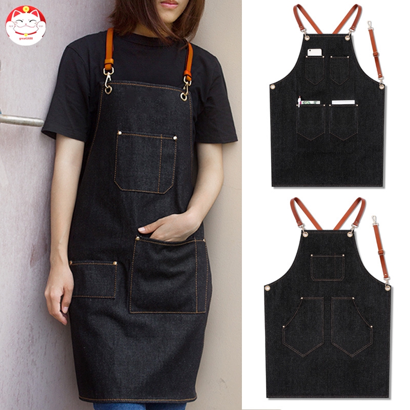 ✂GT⁂ Denim Apron Strap Bib Apron Barista Bartender BBQ Chef Uniform Workwear