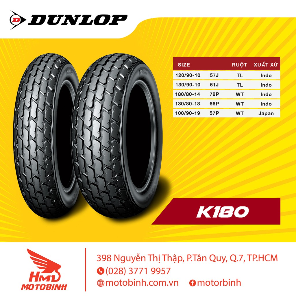 Lốp/vỏ xe 120/90-10 K180 TL Dunlop dành cho xe Zoomer 50cc